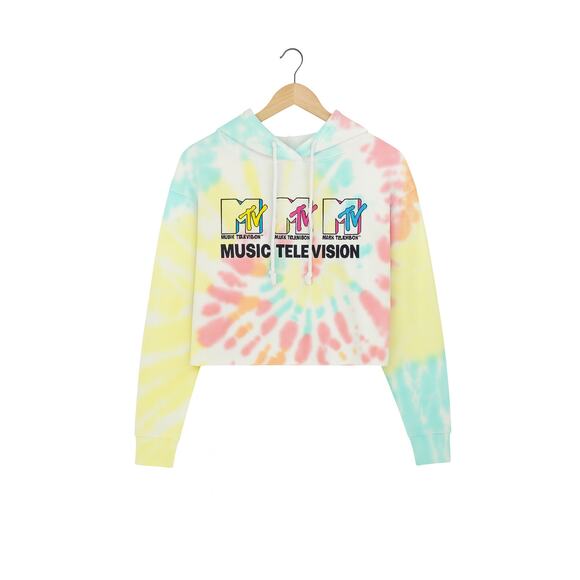 MTV Tie Dye Fun Cropped Hoodie Sweatshirt in Multi Color EUC Size Large - Picture 3 of 4